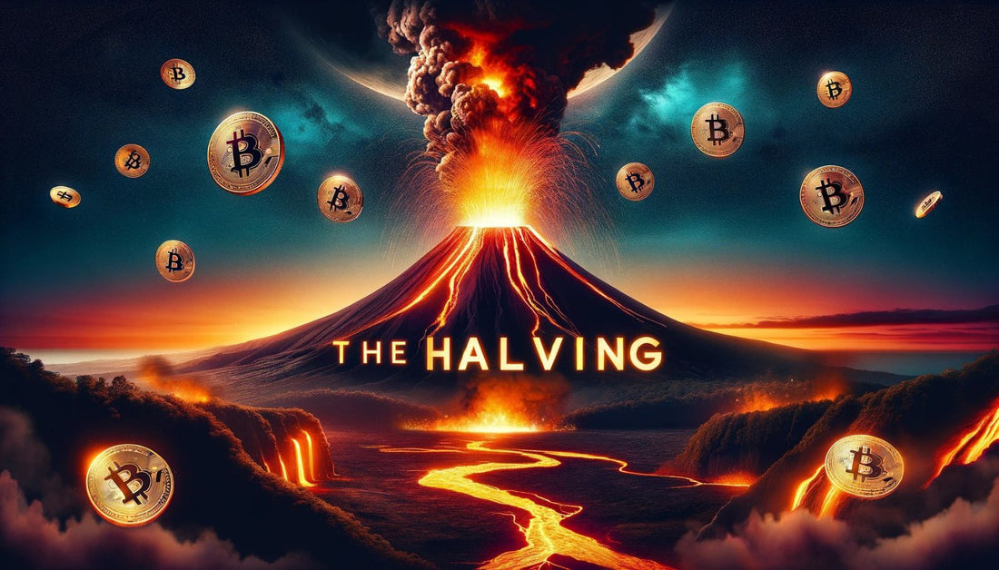 A dramatic volcanic eruption with the phrase "IT MUST BE THE HALVIG! " emblazoned by the lava flows. Bitcoin  Coins are scattered in the foreground suggesting a powerful event in the crypto world, metaphorically linked ot the force of  the volcano.